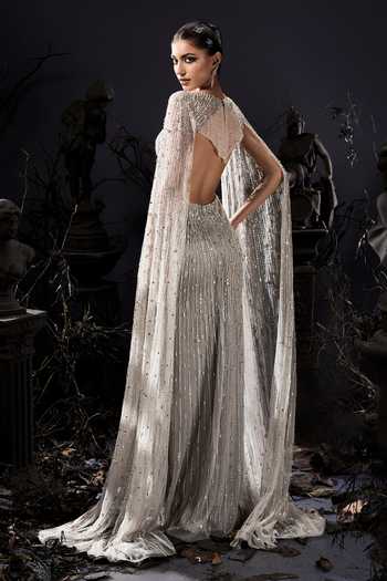 Shop_Shivani Awasty_Silver Net Sequins, Beads Sweetheart Neck Draped Sleeve Gown _at_Aza_Fashions