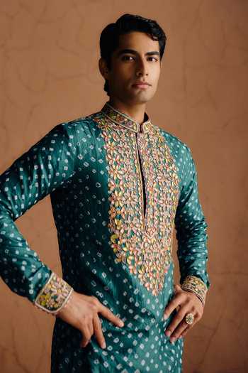 Shop_Amaare_Green Silk Sequins, Beads, Gota Patti Marvaan Embroidered Kurta Set _at_Aza_Fashions