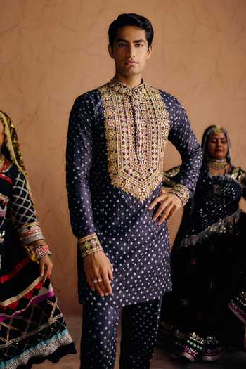 Shop_Amaare_Blue Silk Sequins, Beads, Gota Patti Rajvat Embroidered Kurta Set _at_Aza_Fashions