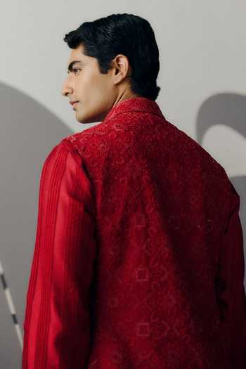 Shop_Amaare_Red Silk, Chanderi, Wool Embroidery, Sequins, Raktavajra Bundi And Kurta Set _at_Aza_Fashions
