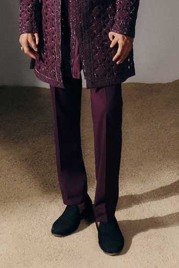 Amaare_Purple Silk, Chanderi, Wool Embroidery, Beads, Cut Work Anuttara Sherwani Set _Online_at_Aza_Fashions