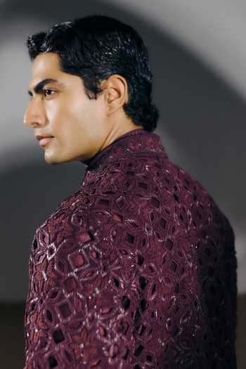 Buy_Amaare_Purple Silk, Chanderi, Wool Embroidery, Beads, Cut Work Anuttara Sherwani Set _Online_at_Aza_Fashions