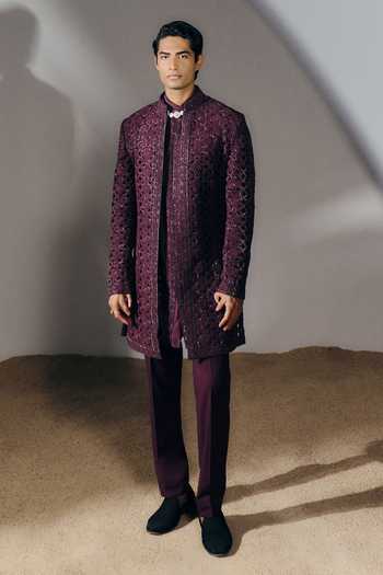 Buy_Amaare_Purple Silk, Chanderi, Wool Embroidery, Beads, Cut Work Anuttara Sherwani Set _at_Aza_Fashions