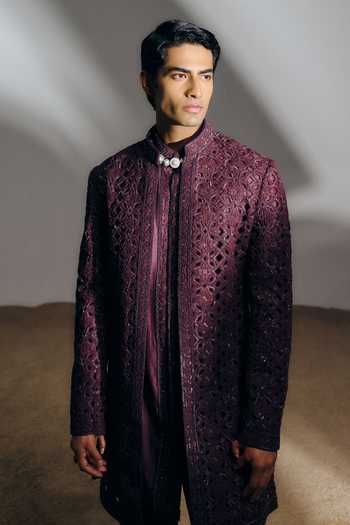 Shop_Amaare_Purple Silk, Chanderi, Wool Embroidery, Beads, Cut Work Anuttara Sherwani Set _at_Aza_Fashions