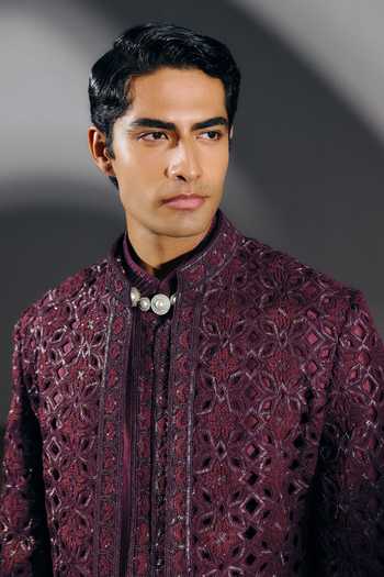 Shop_Amaare_Purple Silk, Chanderi, Wool Embroidery, Beads, Cut Work Anuttara Sherwani Set _Online_at_Aza_Fashions