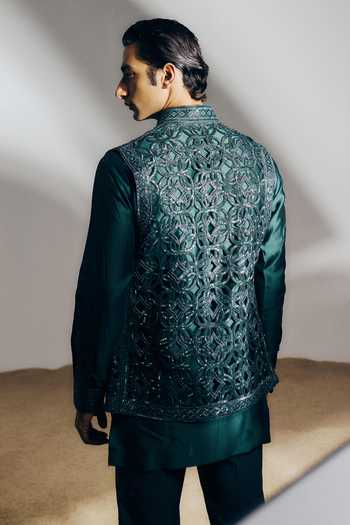 Shop_Amaare_Green Silk, Chanderi, Wool Beads, Cut Work Prana Embroidered Bundi And Kurta Set _at_Aza_Fashions