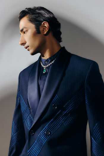 Shop_Amaare_Blue Silk, Wool Gota Patti Akasha Embroidered Blazer Set _Online_at_Aza_Fashions