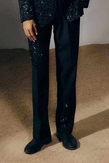 Amaare_Black Silk, Satin, Wool Embroidery, Sequins, Beads Avalok Blazer Set _Online_at_Aza_Fashions