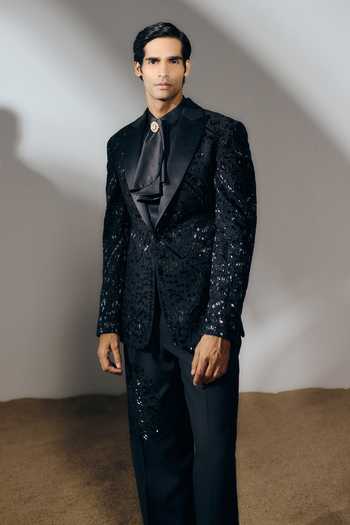 Buy_Amaare_Black Silk, Satin, Wool Embroidery, Sequins, Beads Avalok Blazer Set _Online_at_Aza_Fashions