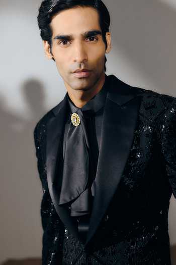 Shop_Amaare_Black Silk, Satin, Wool Embroidery, Sequins, Beads Avalok Blazer Set _Online_at_Aza_Fashions