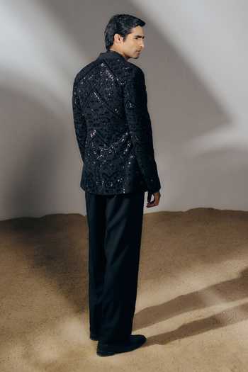 Shop_Amaare_Black Silk, Satin, Wool Embroidery, Sequins, Beads Avalok Blazer Set _at_Aza_Fashions