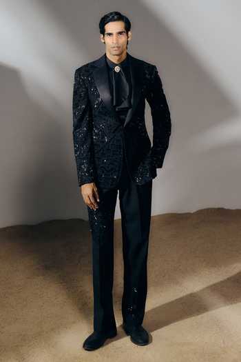 Buy_Amaare_Black Silk, Satin, Wool Embroidery, Sequins, Beads Avalok Blazer Set _at_Aza_Fashions