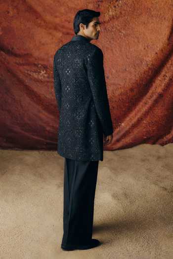 Shop_Amaare_Black Silk, Chanderi, Wool Sequins, Beads, Gota Kaliyantra Work Bandhgala Set _at_Aza_Fashions
