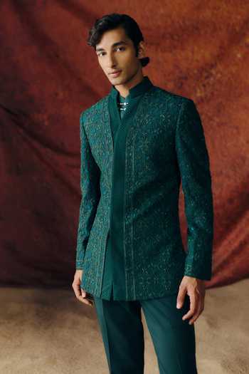 Shop_Amaare_Green Silk, Chanderi, Wool Gota Patti, Samyak Embroidered Bandhgala Set _at_Aza_Fashions