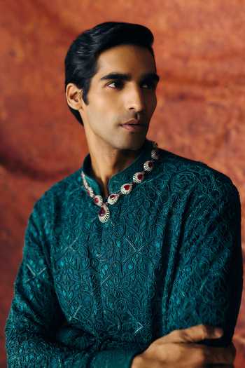 Shop_Amaare_Green Silk Satin Sequins, Beads, Gota Patti Ananta Embroidered Kurta Set _Online_at_Aza_Fashions