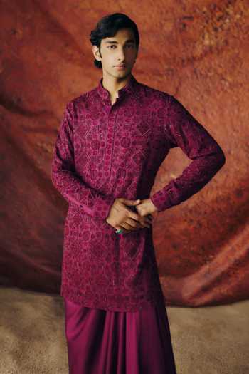 Shop_Amaare_Purple Silk Satin Sequins, Beads, Gota Patti Heruka Embroidered Kurta Set _at_Aza_Fashions