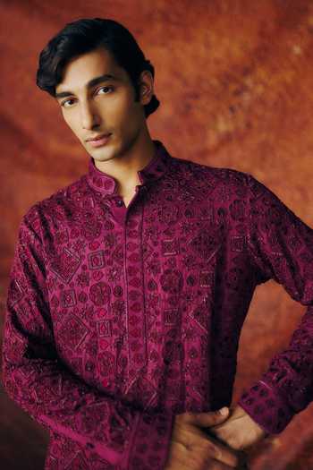Buy_Amaare_Purple Silk Satin Sequins, Beads, Gota Patti Heruka Embroidered Kurta Set _Online_at_Aza_Fashions