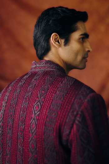 Shop_Amaare_Purple Silk, Organza, Wool Embroidery, Sequins, Samvara Hand Bandhgala Set _at_Aza_Fashions