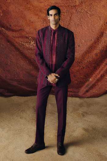 Buy_Amaare_Purple Silk, Organza, Wool Embroidery, Sequins, Samvara Hand Bandhgala Set _at_Aza_Fashions