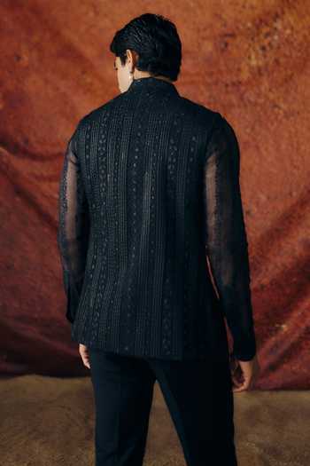 Shop_Amaare_Blue Silk, Organza, Wool Sequins, Beads, Shyama Embroidered Nehru Jacket Set _at_Aza_Fashions