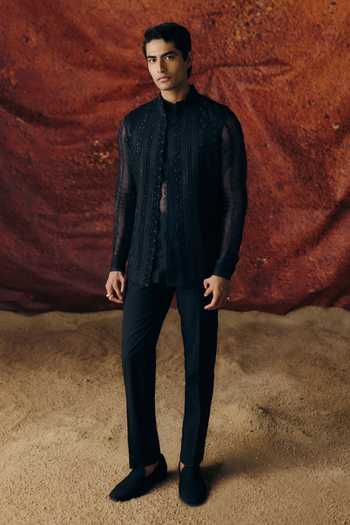 Buy_Amaare_Blue Silk, Organza, Wool Sequins, Beads, Shyama Embroidered Nehru Jacket Set _at_Aza_Fashions