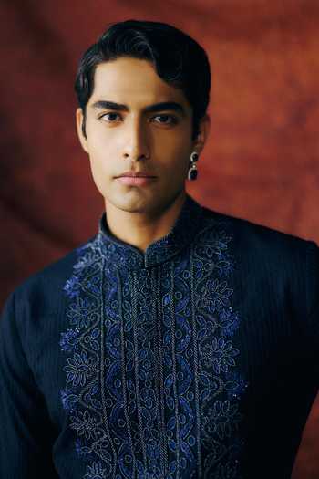 Buy_Amaare_Blue Chanderi Sequins, Beads, Gota Patti Nirvaya Embroidered Kurta Set _Online_at_Aza_Fashions
