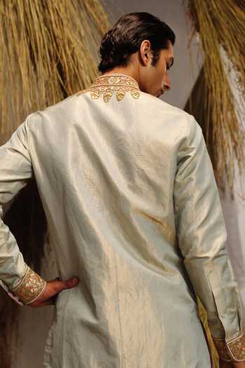 Shop_Amaare_Blue Silk, Chanderi, Tissue Gota Patti, Beads Sarab Yoke Embroidered Kurta Set _at_Aza_Fashions