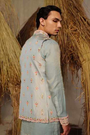 Shop_Amaare_Blue Silk, Tissue, Wool Gota Patti, Beads Barkat Embroidered Bundi And Kurta Set _at_Aza_Fashions