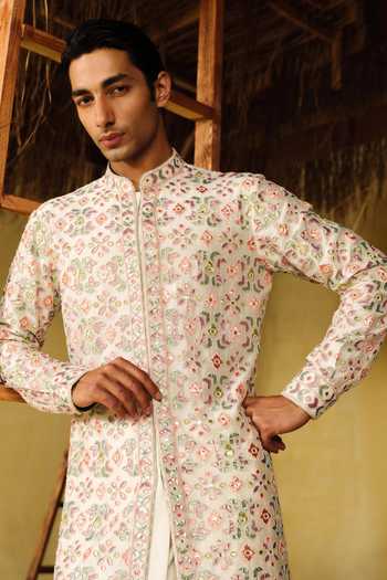 Buy_Amaare_White Chanderi, Silk Satin Beads, Gota Patti Virsa Embroidered Kurta Set _Online_at_Aza_Fashions