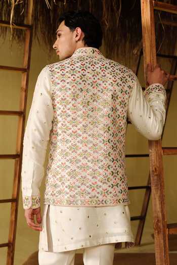 Shop_Amaare_White Silk, Chanderi Beads, Gota Patti Bagh Embroidered Bundi Kurta Set _at_Aza_Fashions