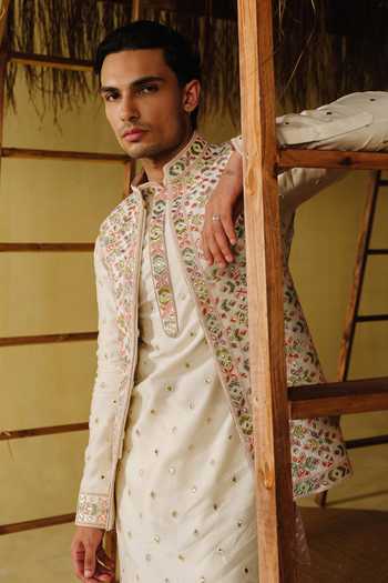 Buy_Amaare_White Silk, Chanderi Beads, Gota Patti Bagh Embroidered Bundi Kurta Set _Online_at_Aza_Fashions