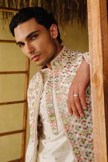 Shop_Amaare_White Silk, Chanderi Beads, Gota Patti Bagh Embroidered Bundi Kurta Set _Online_at_Aza_Fashions