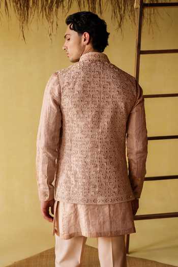 Shop_Amaare_Pink Silk, Tissue, Wool Gota Patti, Beads Kirpa Embroidered Bundi And Kurta Set _at_Aza_Fashions