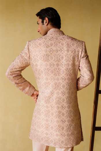 Shop_Amaare_Pink Silk, Wool Gota Patti, Beads Rehmat Embroidered Sherwani Set _at_Aza_Fashions
