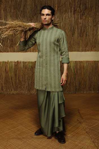 Buy_Amaare_Green Chanderi, Silk Satin Beads, Gota Patti Embroidered Kurta And Dhoti Pant Set _at_Aza_Fashions