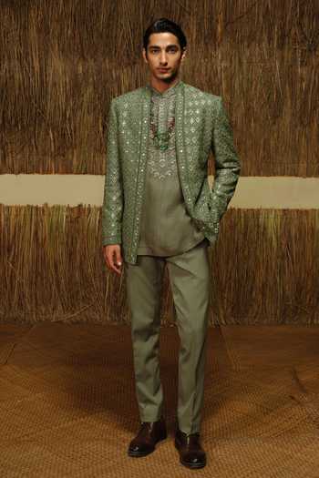Buy_Amaare_Green Silk, Chanderi, Wool Embroidery, Beads, Gota Saan Hand Bandhgala Set _at_Aza_Fashions