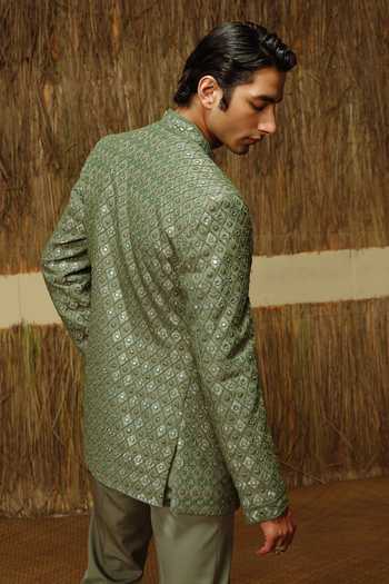 Shop_Amaare_Green Silk, Chanderi, Wool Embroidery, Beads, Gota Saan Hand Bandhgala Set _at_Aza_Fashions