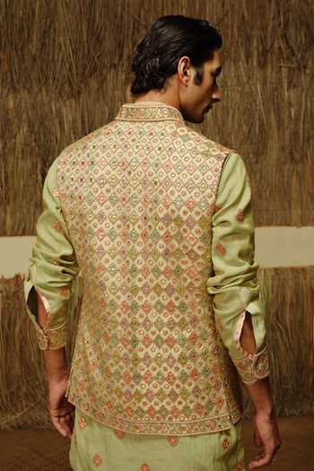 Shop_Amaare_Green Silk, Chanderi Embroidery, Beads, Gota Patti Simar Bundi And Kurta Set _at_Aza_Fashions