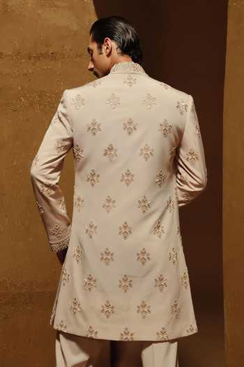 Shop_Amaare_Cream Silk, Chanderi, Wool Beads, Gota Patti Anakh Embroidered Sherwani Set _at_Aza_Fashions