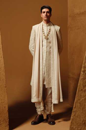 Buy_Amaare_Ivory Silk, Chanderi Embroidery, Beads Suber Sherwani Set _at_Aza_Fashions