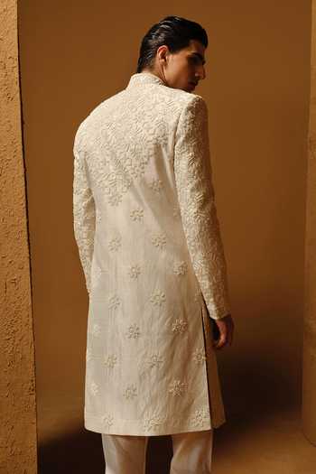 Shop_Amaare_Ivory Silk, Chanderi Embroidery, Beads Suber Sherwani Set _at_Aza_Fashions