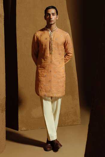 Buy_Amaare_Brown Silk, Cotton, Chanderi, Tissue Beads, Aliya Embroidered Bundi And Kurta Set _Online_at_Aza_Fashions
