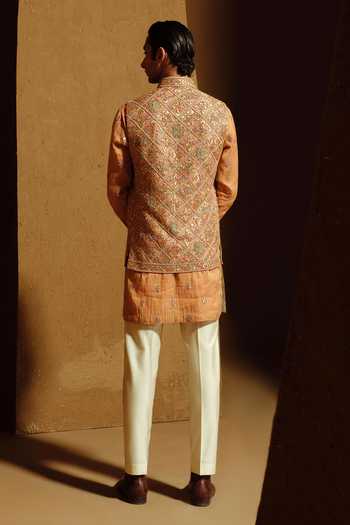 Shop_Amaare_Brown Silk, Cotton, Chanderi, Tissue Beads, Aliya Embroidered Bundi And Kurta Set _at_Aza_Fashions