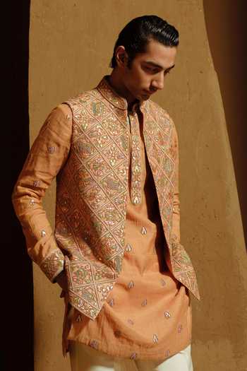 Shop_Amaare_Brown Silk, Cotton, Chanderi, Tissue Beads, Aliya Embroidered Bundi And Kurta Set _Online_at_Aza_Fashions