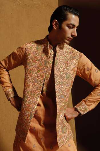 Amaare_Brown Silk, Cotton, Chanderi, Tissue Beads, Aliya Embroidered Bundi And Kurta Set _at_Aza_Fashions