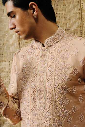 Buy_Amaare_Beige Silk, Tissue, Wool Beads, Gota Patti Nilak Embroidered Kurta Set _Online_at_Aza_Fashions