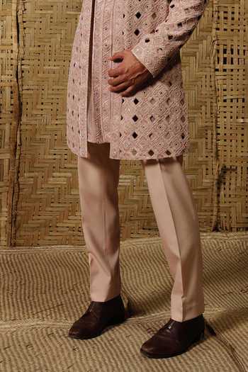 Amaare_Pink Silk, Wool Beads, Cut Work, Gota Patti Lokan Hand Embroidered Sherwani Set _Online_at_Aza_Fashions