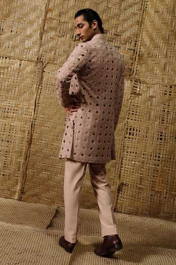 Shop_Amaare_Pink Silk, Wool Beads, Cut Work, Gota Patti Lokan Hand Embroidered Sherwani Set _at_Aza_Fashions