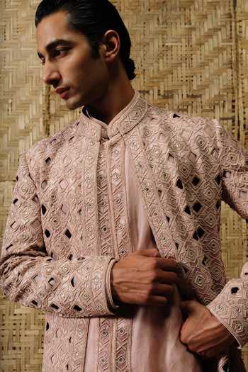 Buy_Amaare_Pink Silk, Wool Beads, Cut Work, Gota Patti Lokan Hand Embroidered Sherwani Set _Online_at_Aza_Fashions
