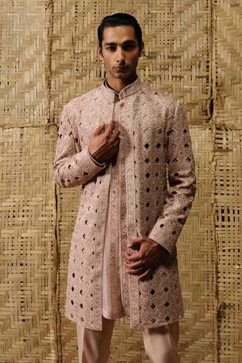 Shop_Amaare_Pink Silk, Wool Beads, Cut Work, Gota Patti Lokan Hand Embroidered Sherwani Set _Online_at_Aza_Fashions